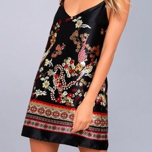 Black Print Satin Slip Dress